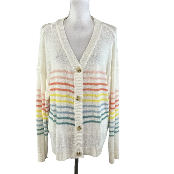 Mud Pie Barker Cardigan Sweater size Med/Large Ivory Stripes Blue Coral Yellow - Picture 1 of 10